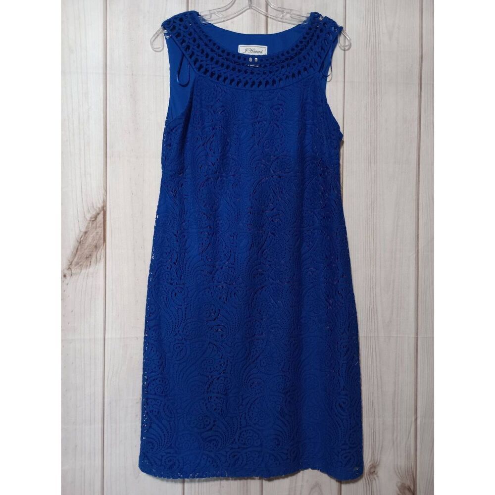 J Howard Royal Blue Paisley Lace Sheath Dress Crochet Neckline Sleeveless